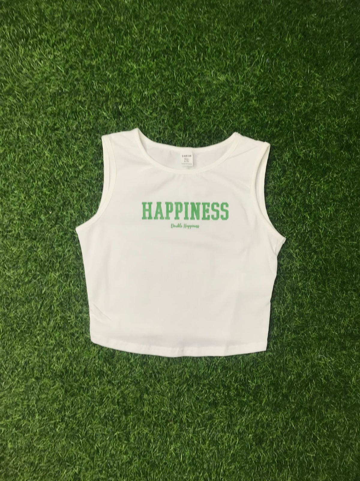 White and green happiness crop top