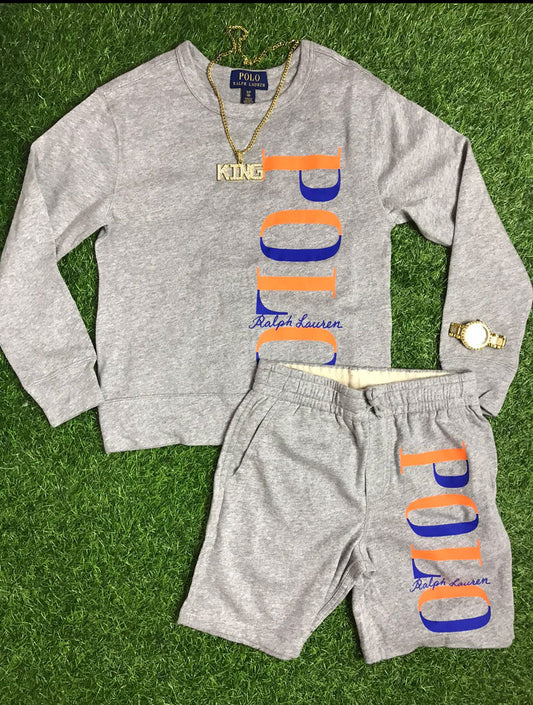 Grey long sleeve polo shorts set