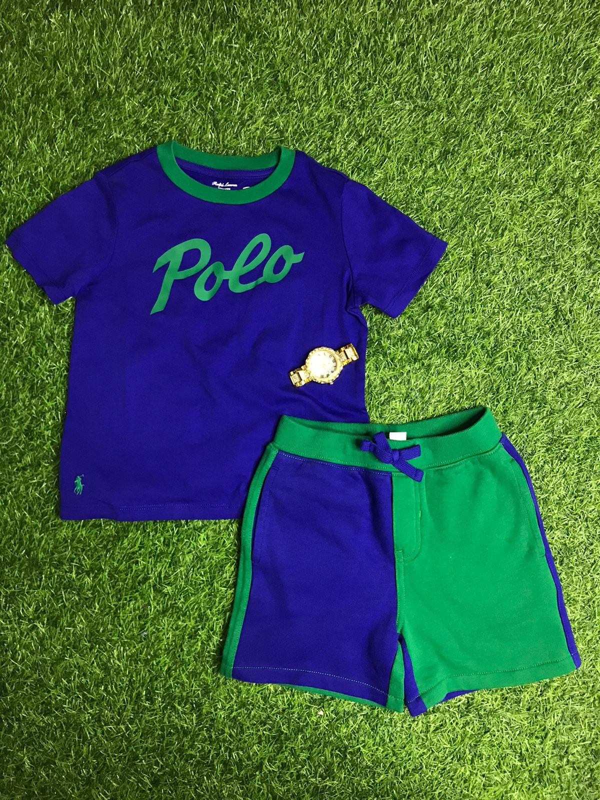 Green and blue polo shorts set