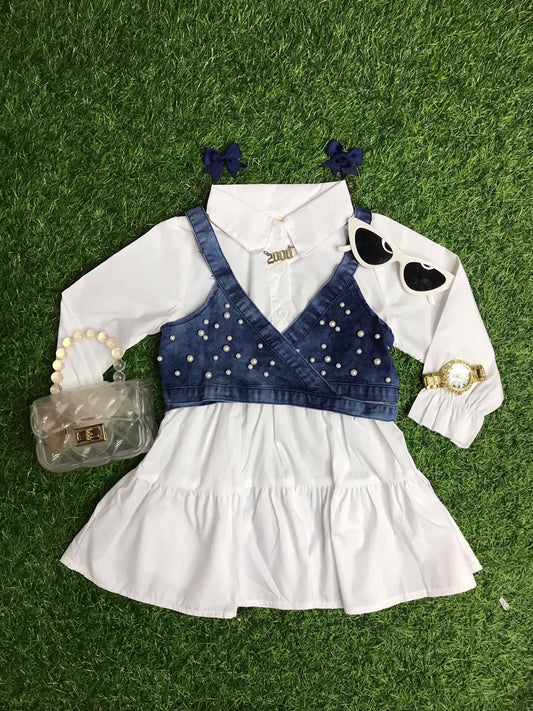 White with pearl denim dress set(2pc)