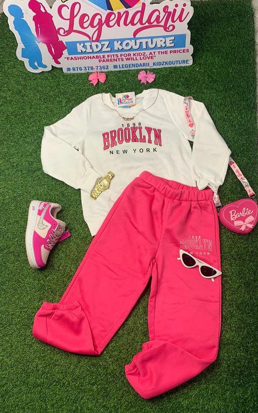 Pink and white brooklyn joggers set