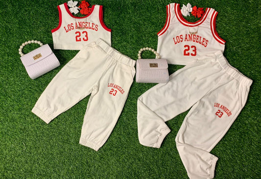 Red and white LA joggers set