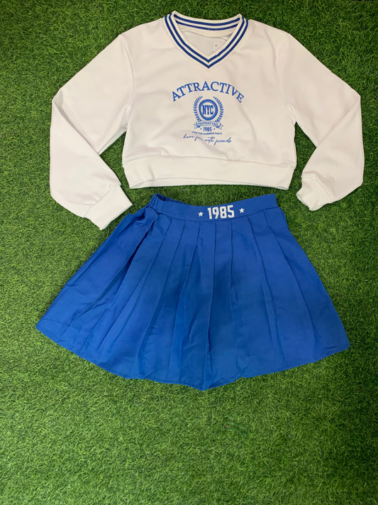 Blue and white cheerleader skirt set