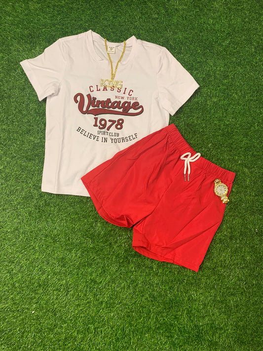 Red and white vintage shorts set