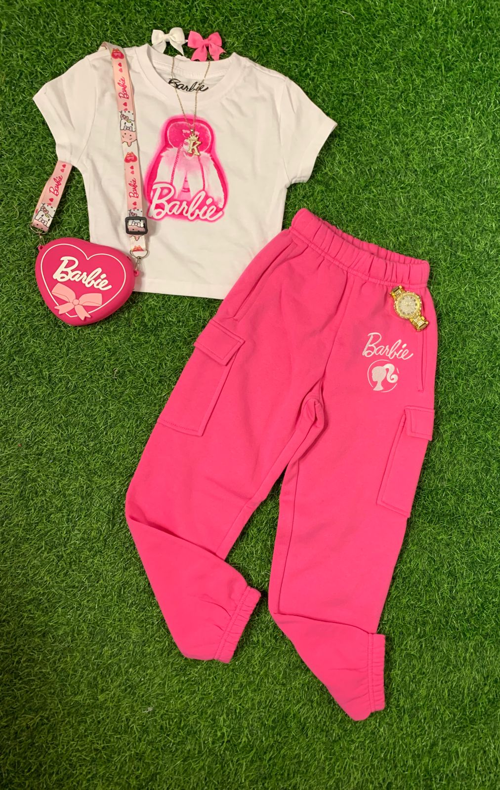 Pink and white Barbie joggers set