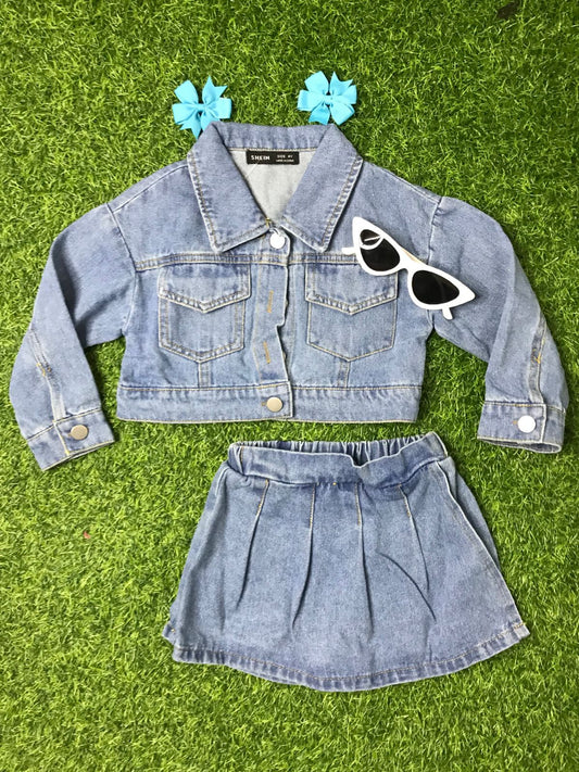 Denim jacket pleated skort set