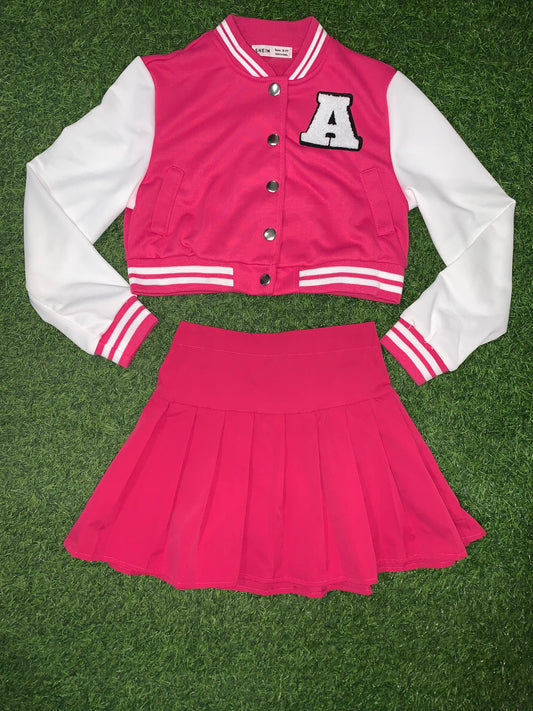 Pink and white “A” varsity skirt set