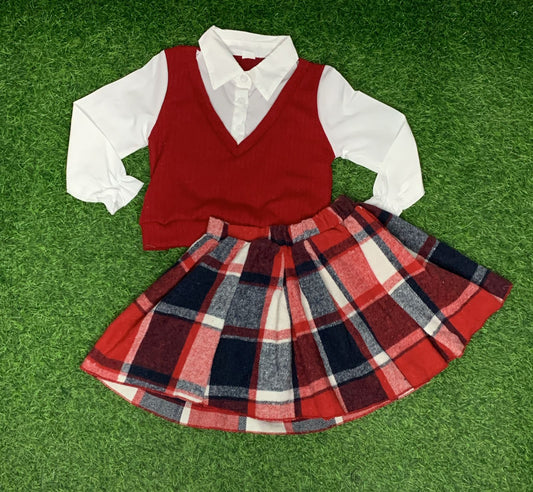 Red and white vest skirt set