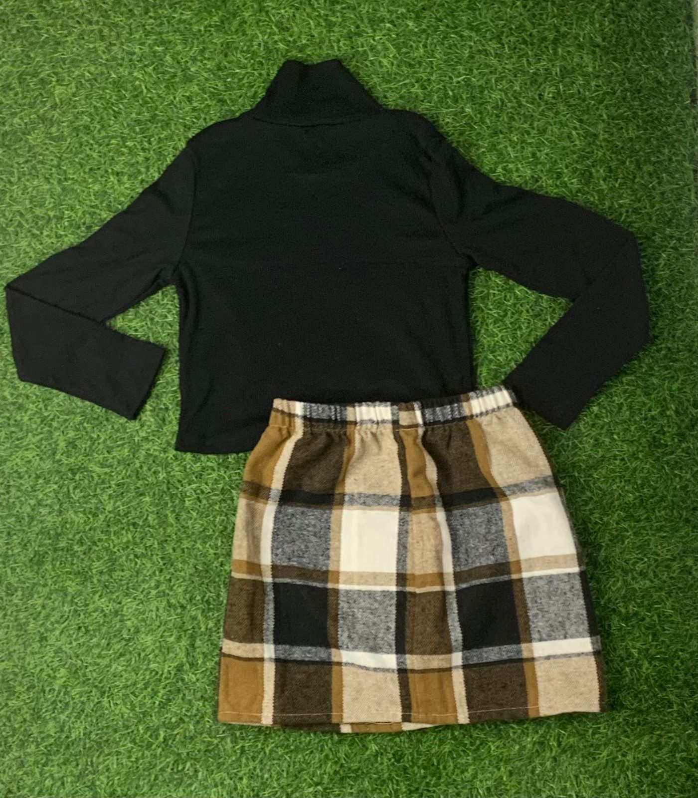 Brown & Black plaid skirt set