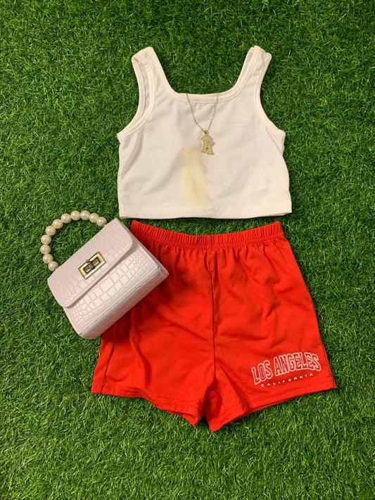 Red and white LA shorts set