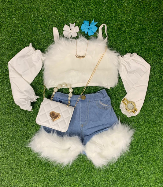 Denim fur short set