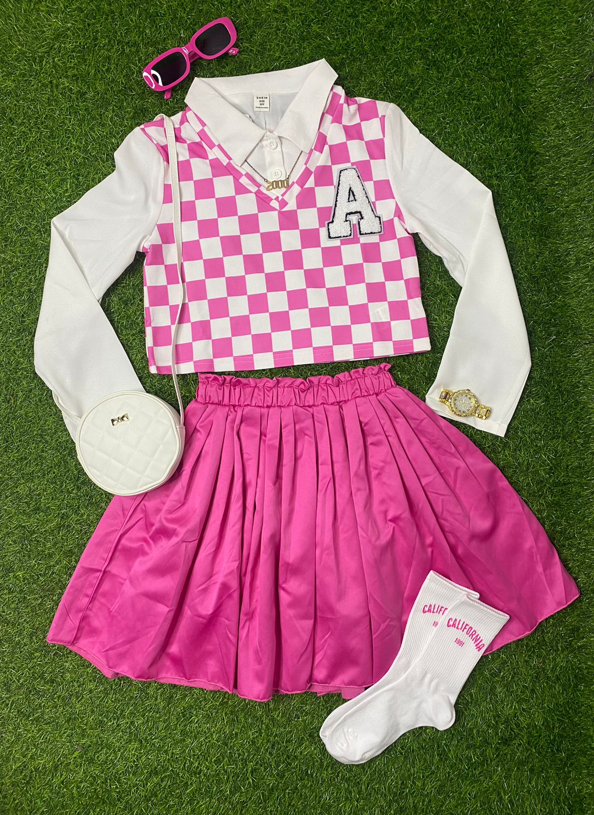 Pink and white checkers skirt set