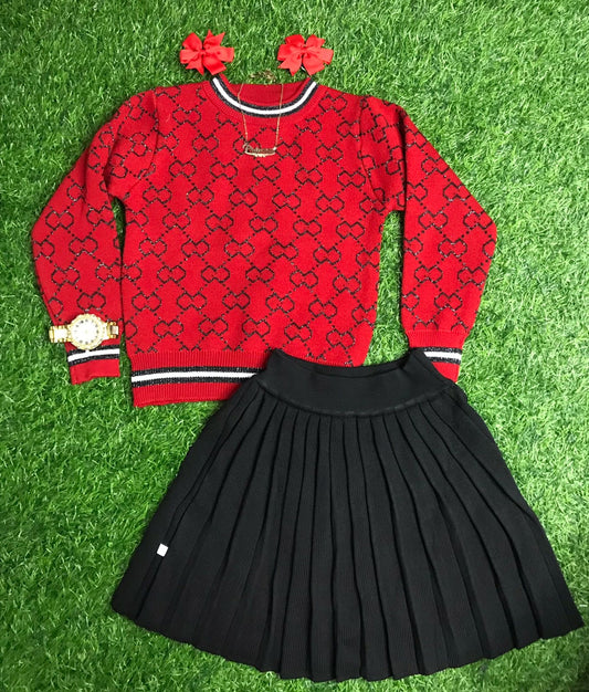 Red and black sweater skirt set