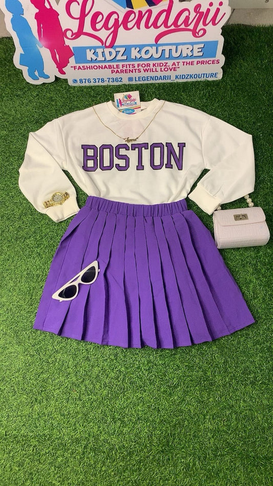 Purple & white Boston skirt set