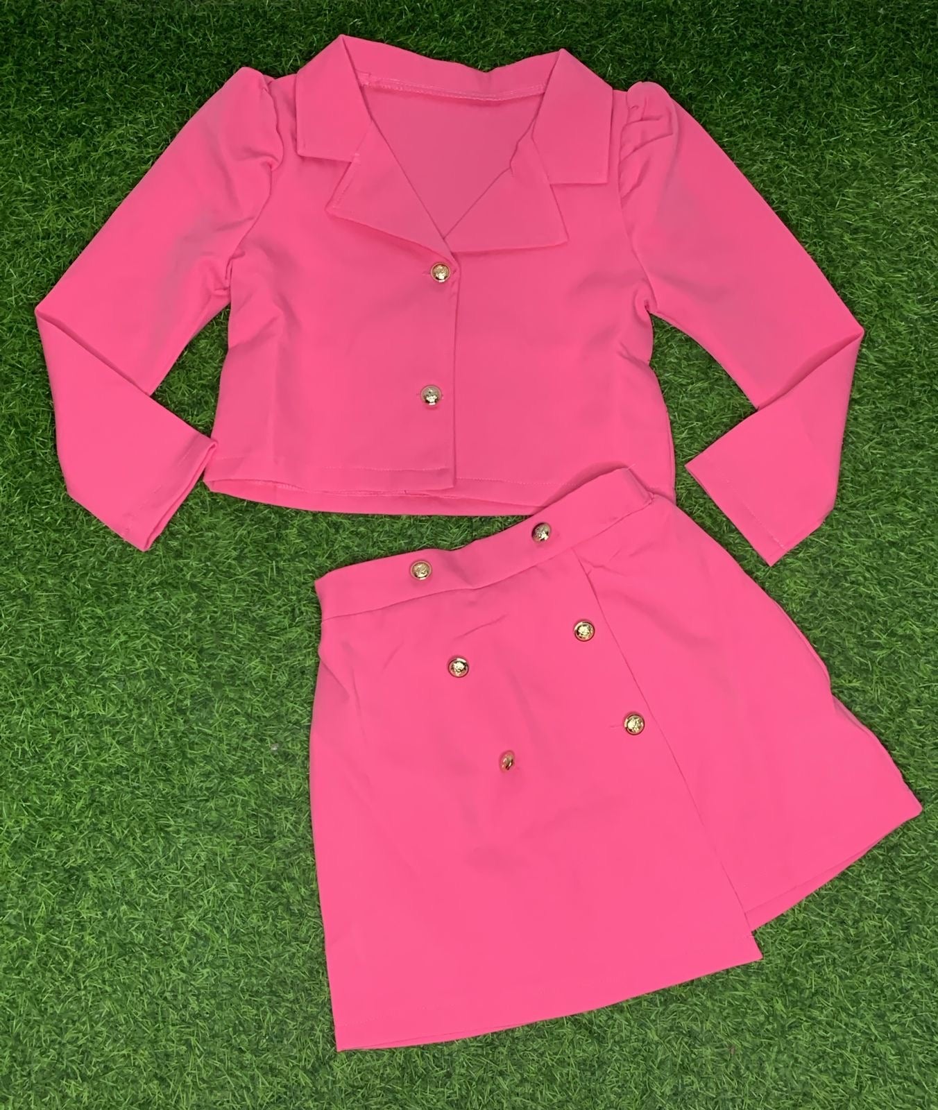 Pink button down blazer skirt set