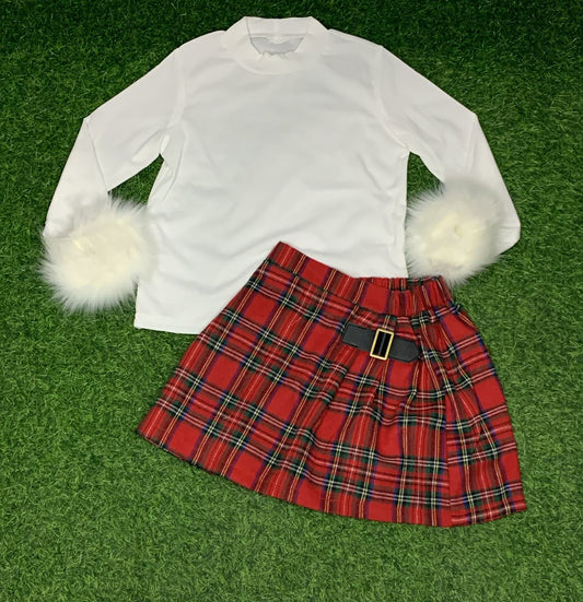 Red and white fur sleeve skirt set