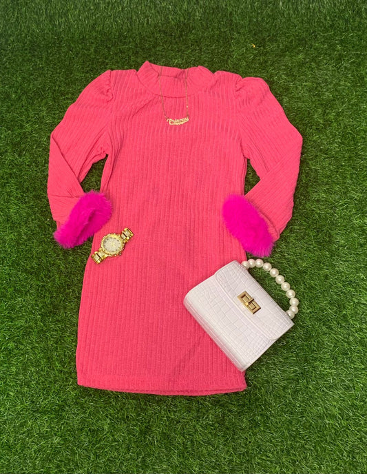 Pink furry sleeve dress