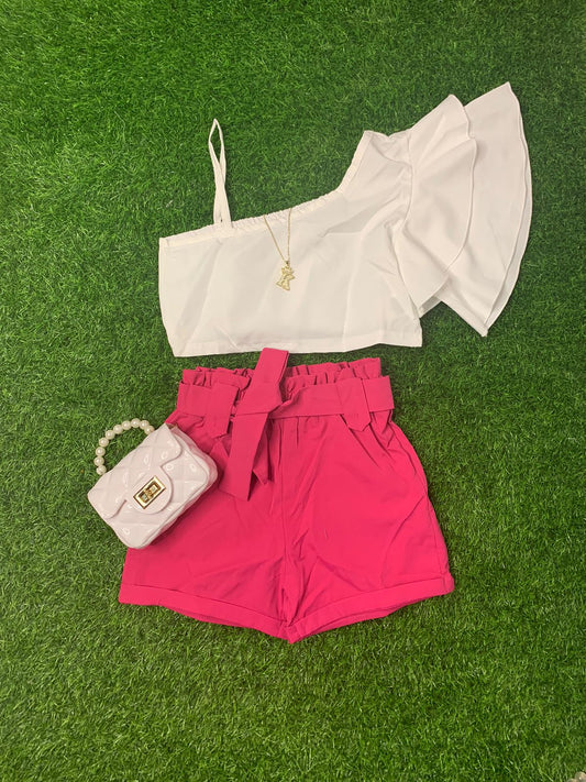 Pink and white paperbag shorts set