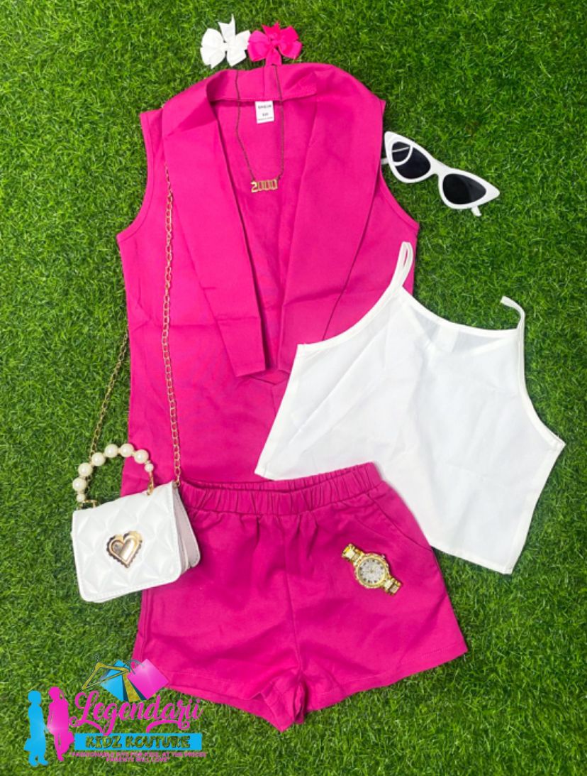 Pink and white blazer shorts set (3 piece)