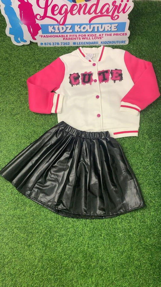 Pink Cute Varsity leather skirt set