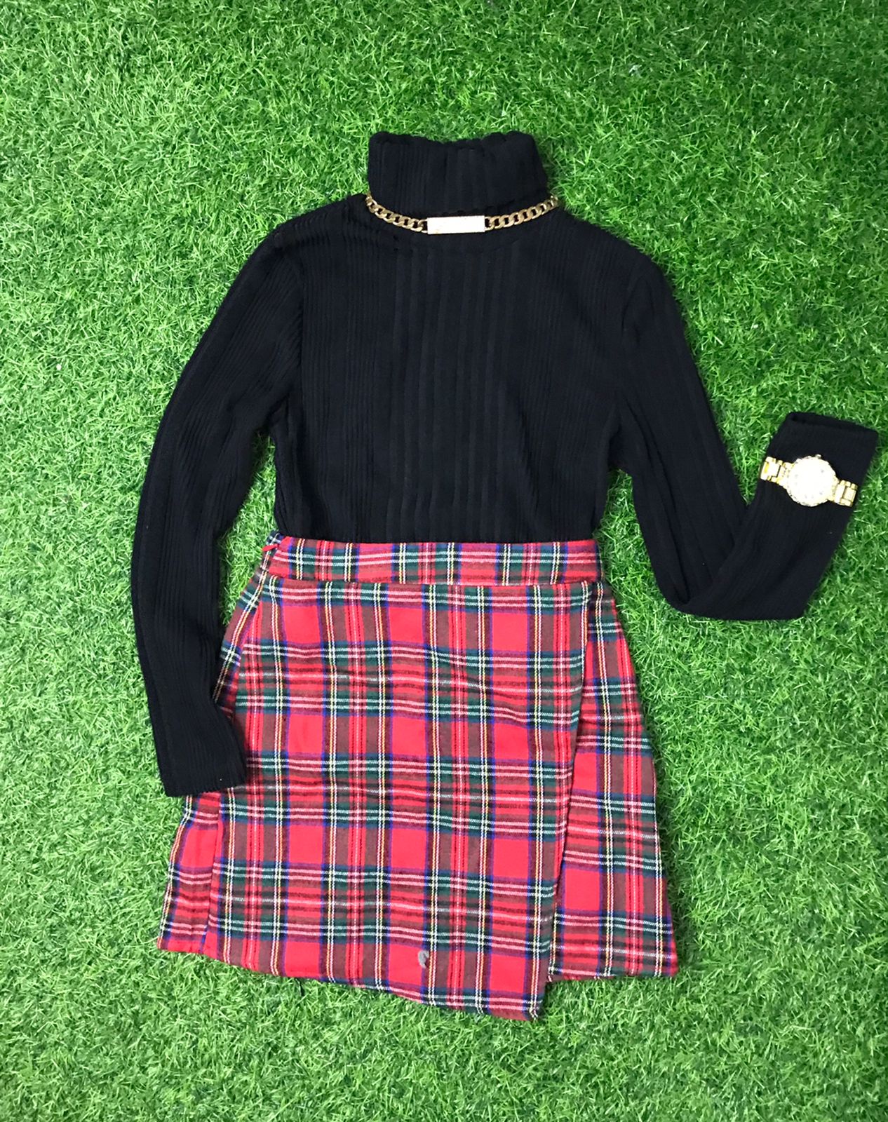 Red and black plaid turtleneck skirt set