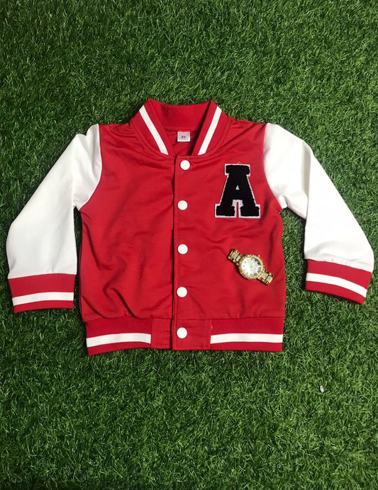 Red and white A varsity jacket