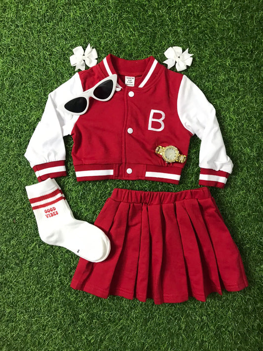 Red and white varsity skirt set