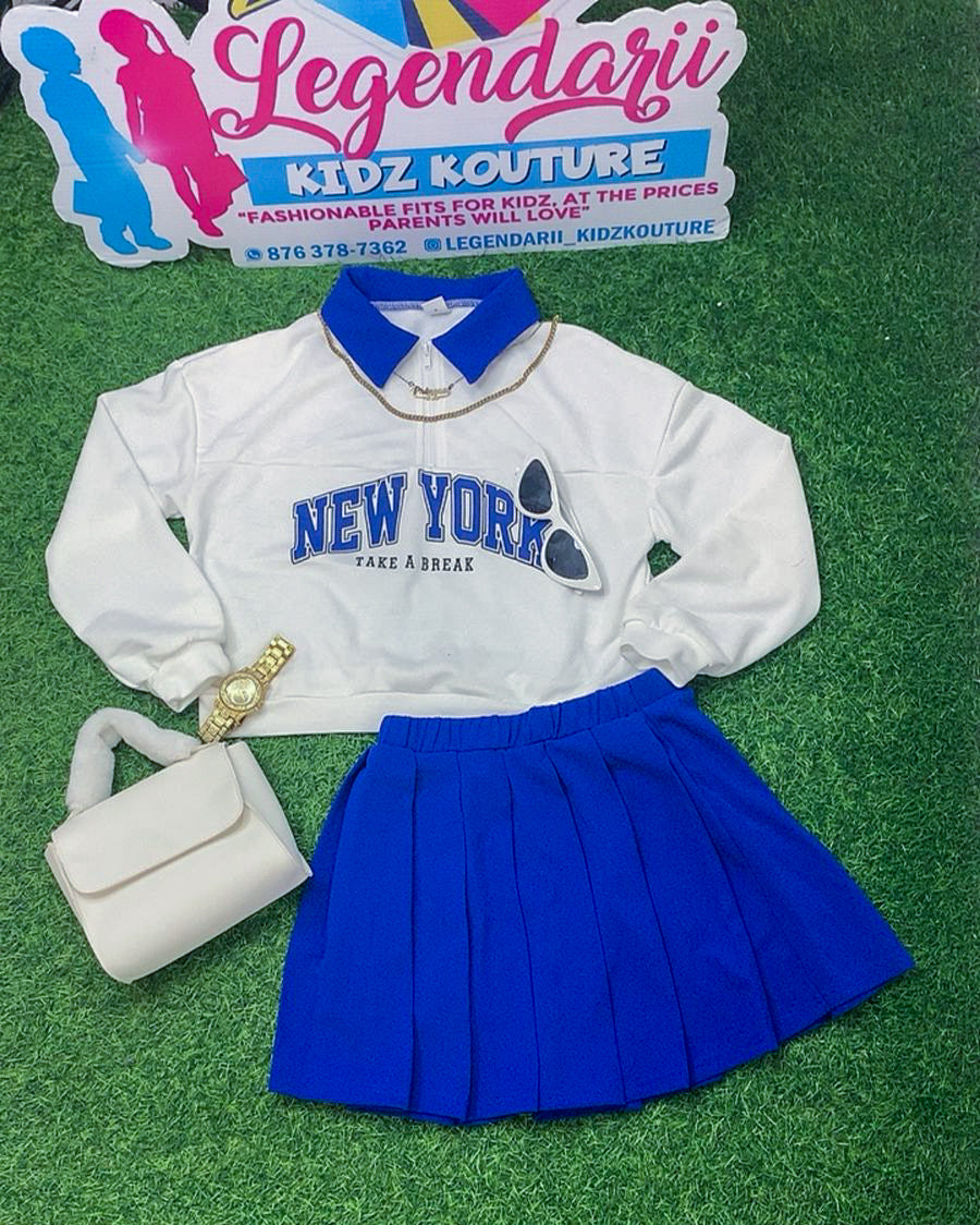 Blue and white New York skirt set