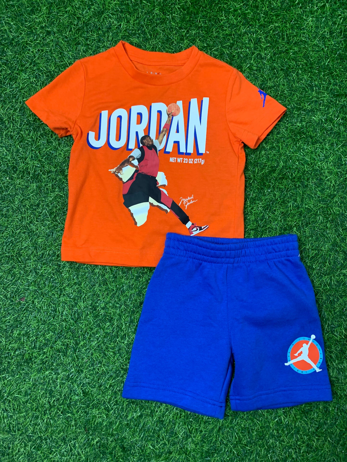 Orange and blue Jordan shorts set